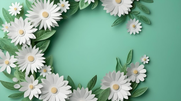 white daisies flower frame on green background