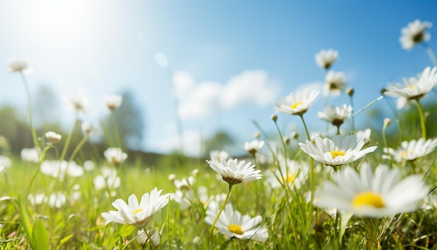 White daisies in a green meadow on a sunny day