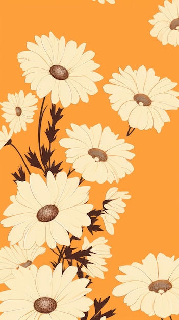 White daisies on orange background Minimalistic floral concept