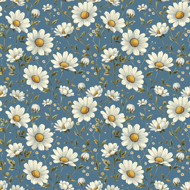 White Daisies Pattern on Blue Background