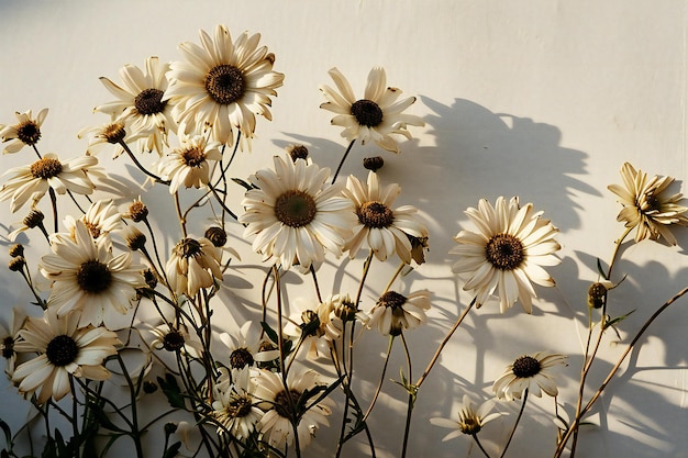 White daisies on a white wall with shadows from the sun