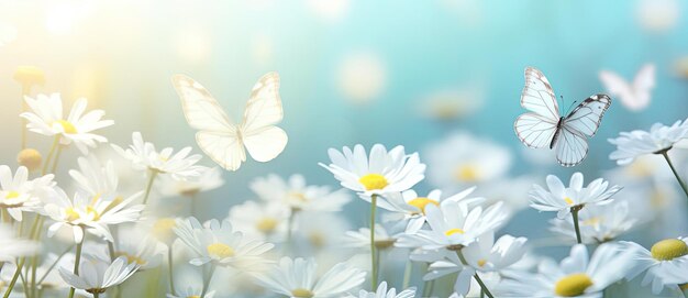 White daisies with a butterfly in the middle in the style of sunrays shine upon it