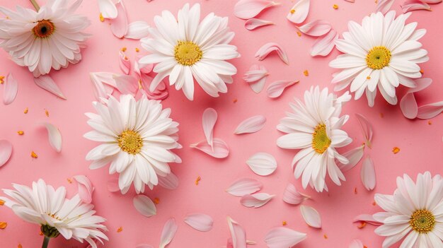 White daisies with petals on a pink background