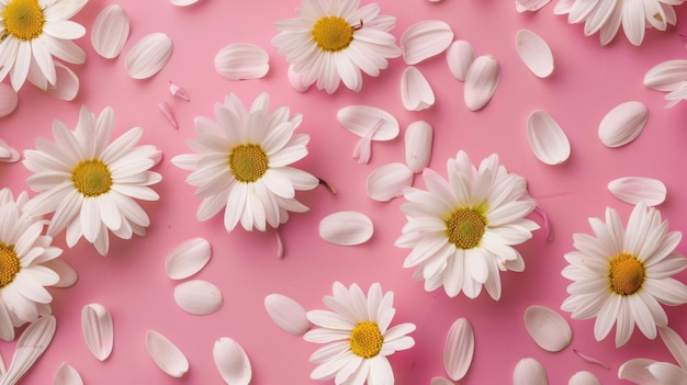 White daisies with petals on a pink background