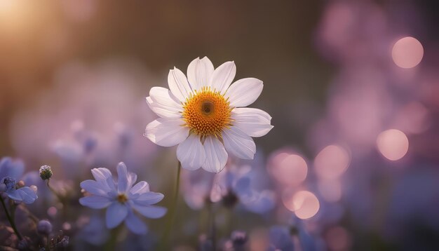 ボケの背景の草原の白いデイジー花