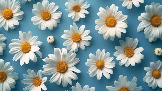 Photo white daisy flowers arranged on a soft blue background fresh spring pastel pattern ai generated