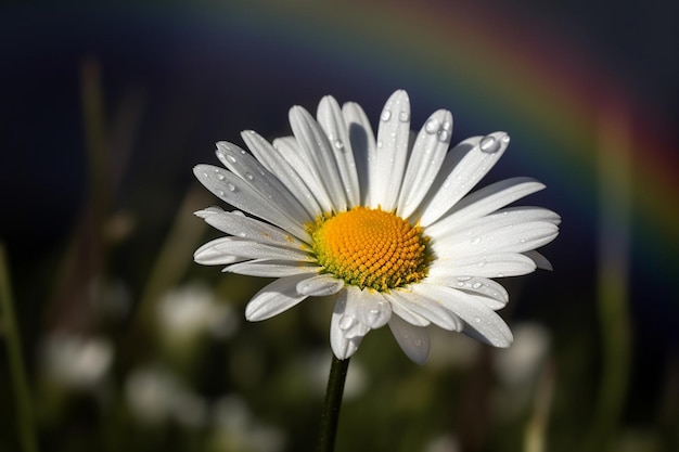 A white daisy with a rainbow in the background