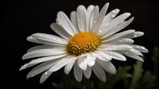 A white daisy with a yellow center and a black background