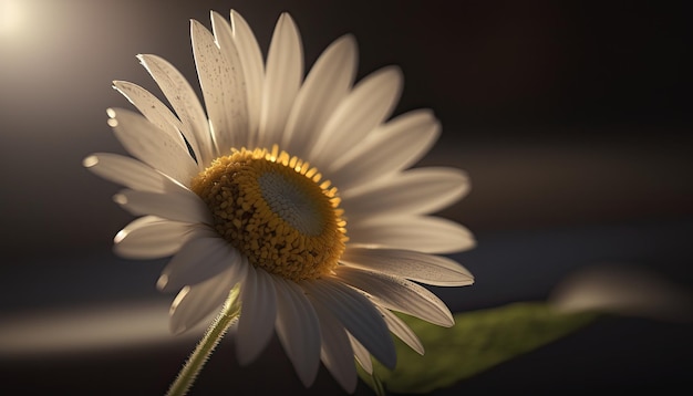 A white daisy with a yellow center is in the sunlight.