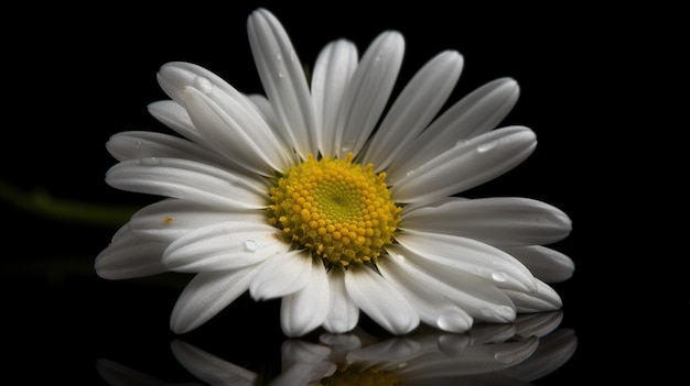 A white daisy with a yellow center sits on a black background.