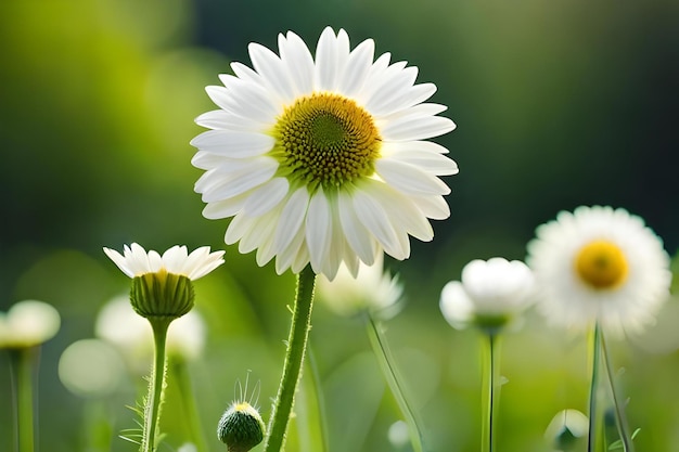 A white daisy with the yellow center and white flowers in the background.