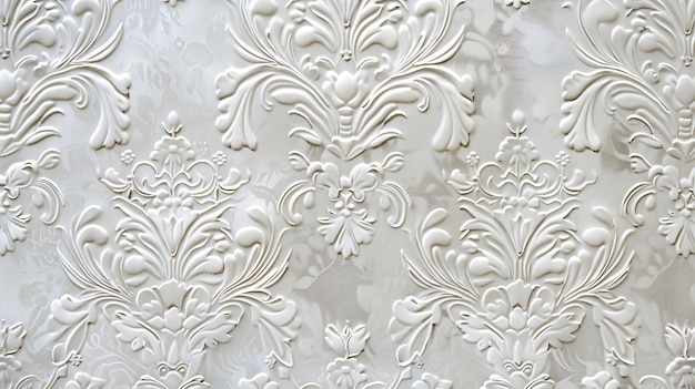 White damask wallpaper with floral patterns