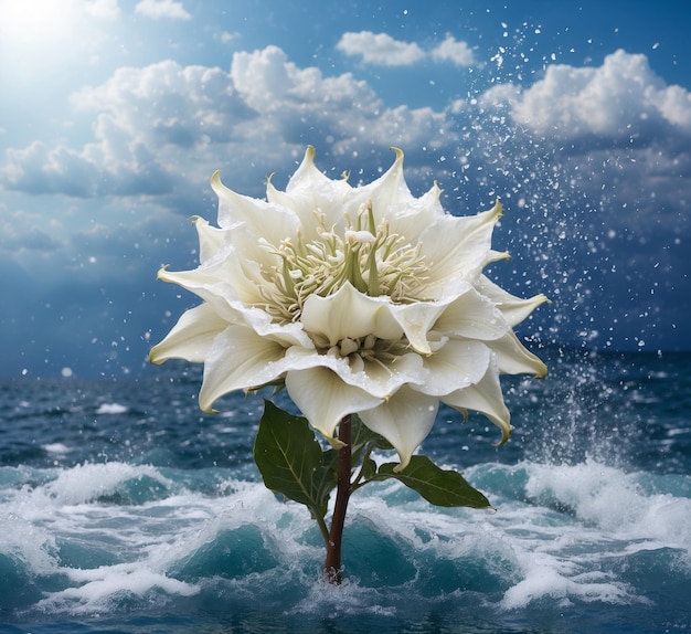 Photo white datura flower on the water and blue sky background