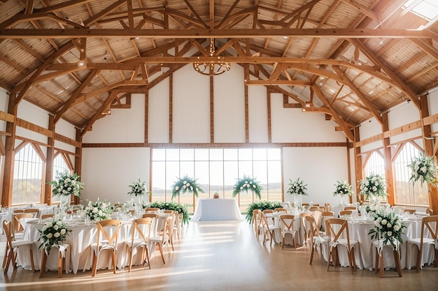 Photo white daylight illuminates a wooden hangar prepared for a wedding