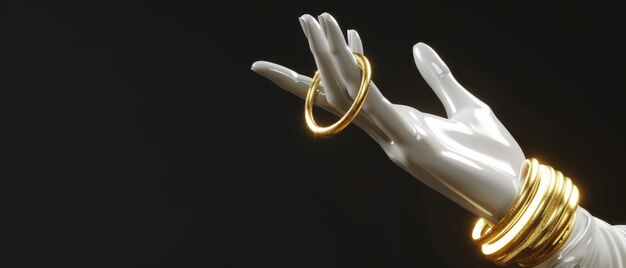 White decorative female mannequin hand isolated on black background finger pointing up spinning golden rings body part esoteric fortuneteller clean minimal design