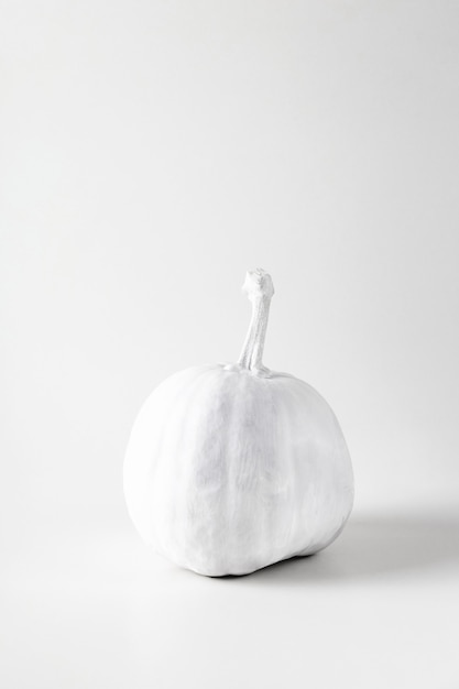 White decorative halloween pumpkin on monochrome background background with copy space