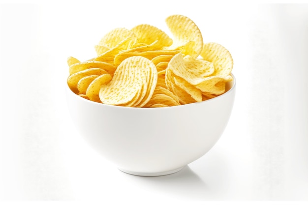 White deep bowl full of mouthwatering potato chips isolated on white background