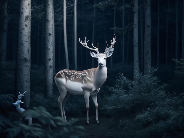 White deer in dark forest at night ai generated