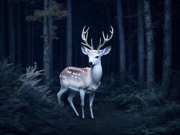 White deer in dark forest at night ai generated