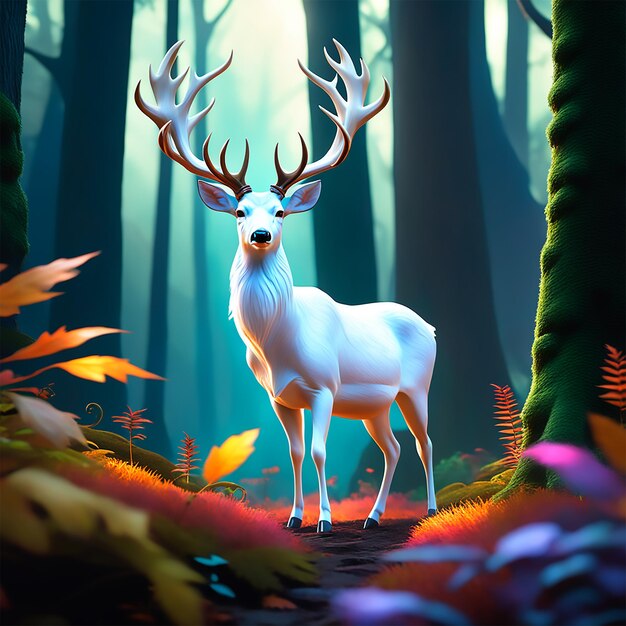 a white deer with big antlers stands in a fairy forest sharp focus glossy lifeless earthy