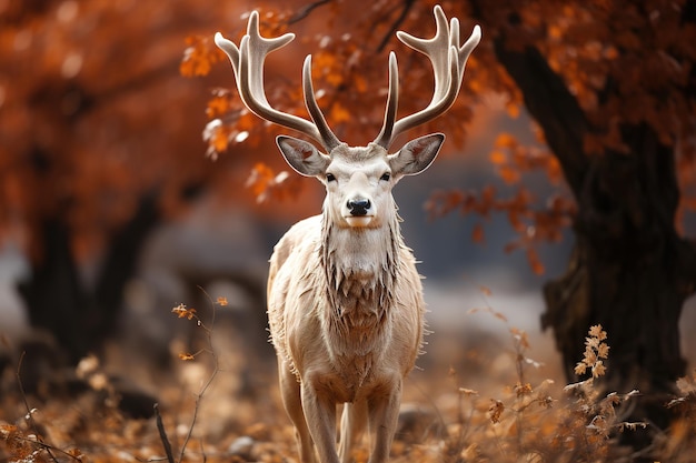 a white deer with a black nose and antlers stands in a forest