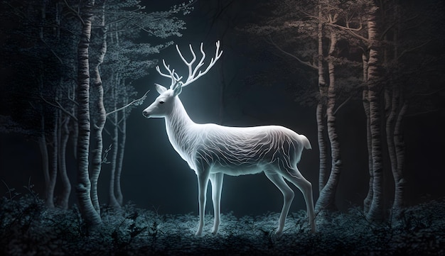 A white deer in the woods with the light shining on it.