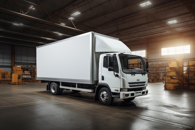 Белый грузовик доставки, вид сбоку, грузовой грузовик, реклама Генеративный AI