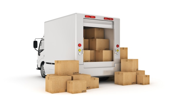 white delivery truck with cardboard boxes 3d rendering