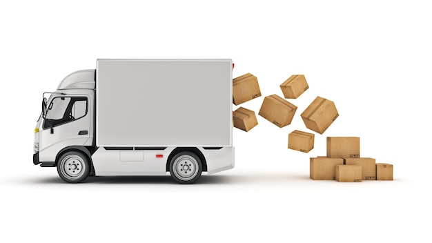 Foto camion di consegna bianco con il rendering 3d di scatole di cartone