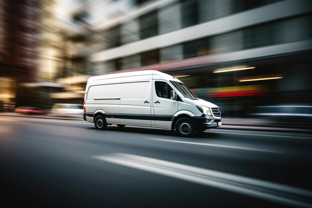 Photo a white delivery van drives through the city against a blurred city street background