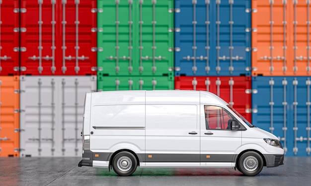 White delivery van in front of shipping containers