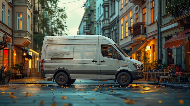 Photo white delivery van on the road in the city