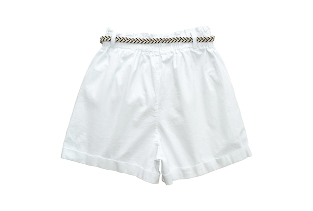 White denim shorts with a striped braided belt isolated on a white background Rear view top view