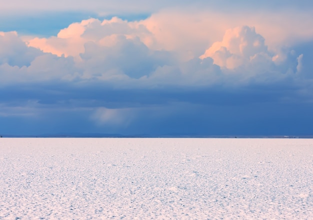 White desert of salty flats of uyuni before sunset in bolivia south america