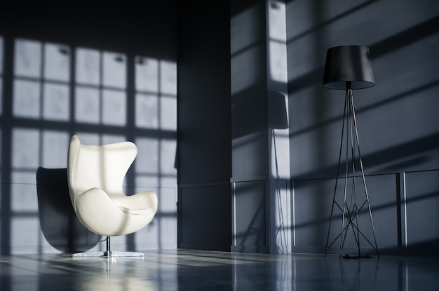 White designer chair in the interior of a black loft Studio.