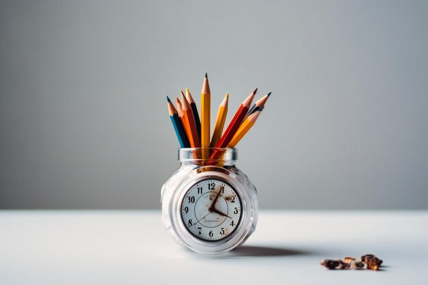 A white desk clock with pencils