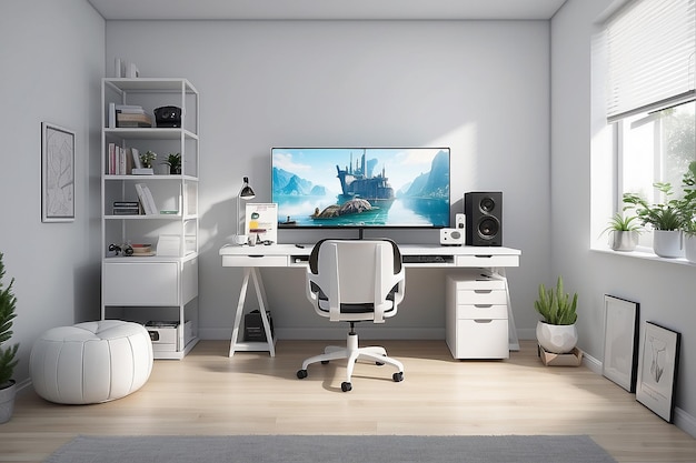 White Desk and Expansive Blank Wall for Artistic Expression