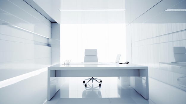 A white desk in a white room with a white wall and a white chair.