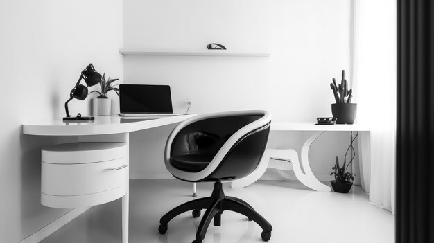 A white desk with a black chair and a black chair in front of it.