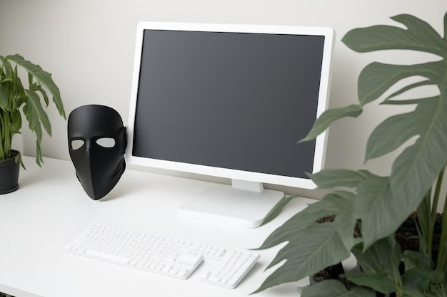 White desk with a blank computer screen keyboard mouse pencil and leaves in a womans office