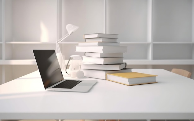 A white desk with books and a laptop on it