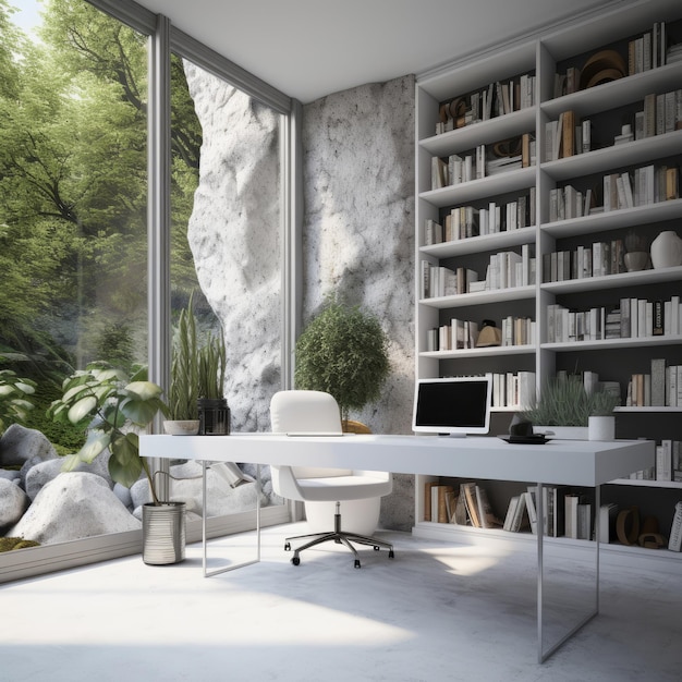 A white desk with a computer on it is surrounded by a large window.