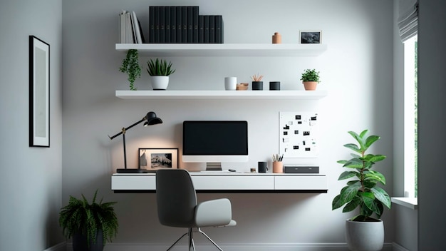 A white desk with a computer on it and a plant on the wall.