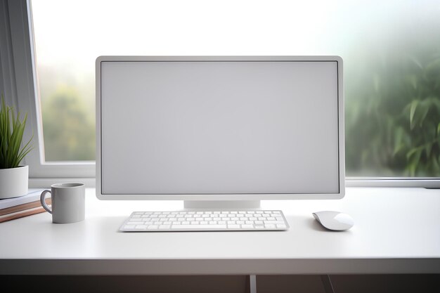 a white desk with a computer and pen