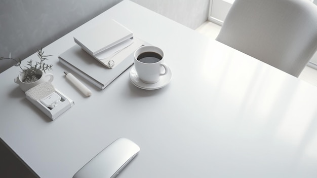 A white desk with a cup of coffee on it