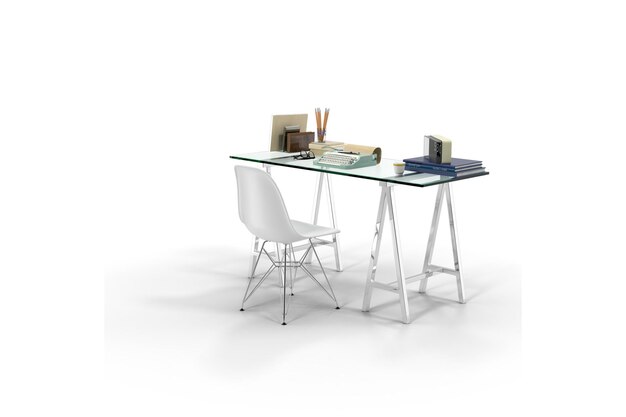 A white desk with a glass top and a white chair.