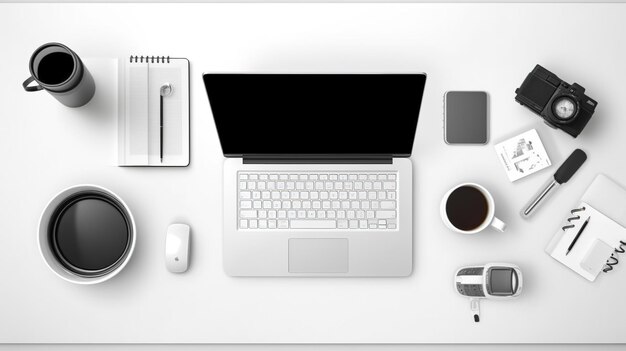 A white desk with a laptop, coffee, and a cup of coffee on it.