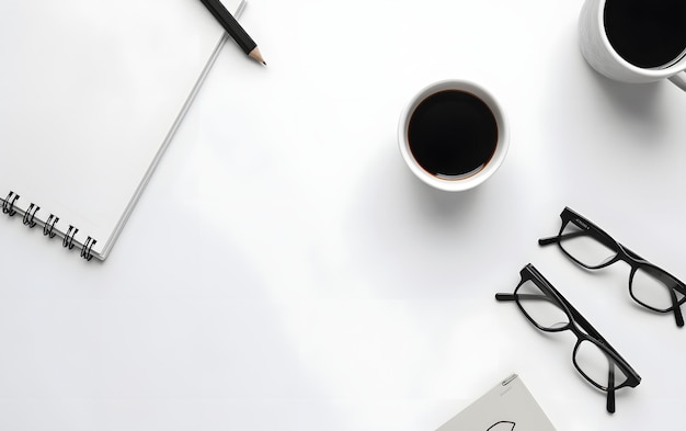 A white desk with a laptop, a cup of coffee, a pen, a notebook, and a pen on it.