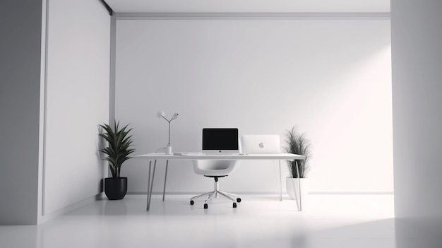 A white desk with a laptop and a plant on it