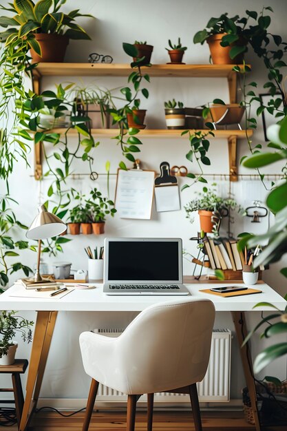 Photo a white desk with a laptop and plants on it